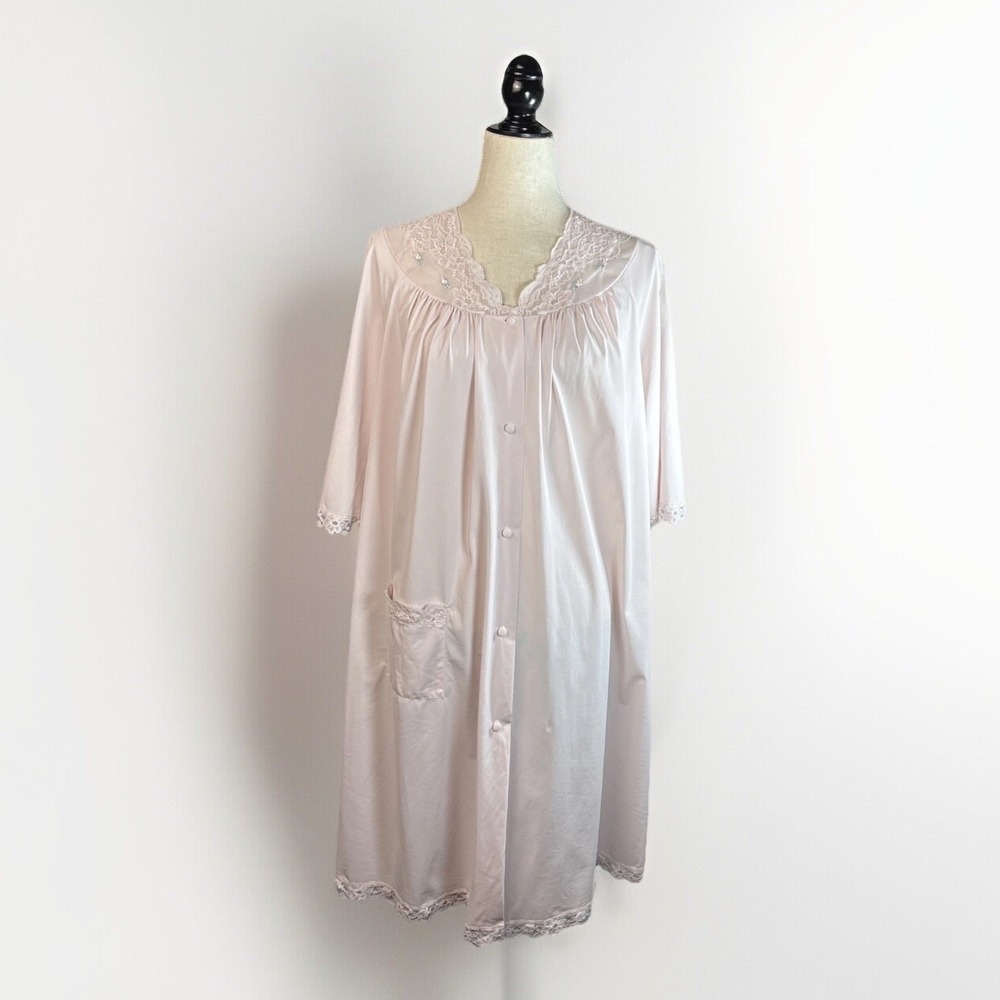 Vintage Shadowline Nylon Nightgown L Light Pink Embroidered Lace Midi Silky